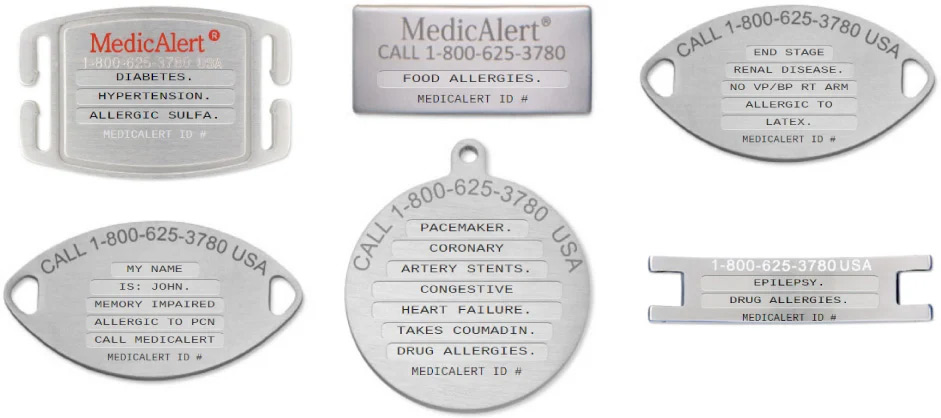 MedicAlert samples engraved ID
