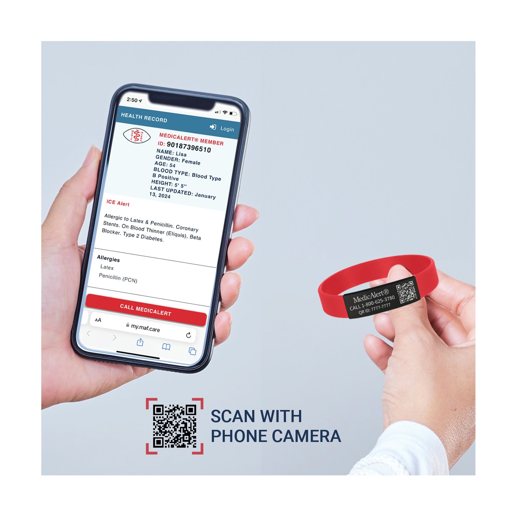 QR Code Silicone Medical ID Band, Red, large image number 3